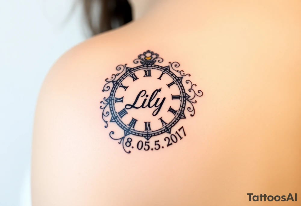 An analog clock, with intricate patterns forming around the child’s name "Lily" and date "18. 05. 2017", in black and gold for a timeless look tattoo idea