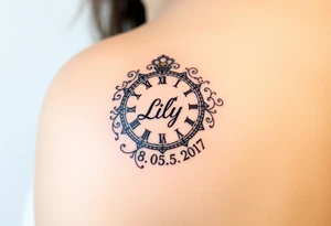 An analog clock, with intricate patterns forming around the child’s name "Lily" and date "18. 05. 2017", in black and gold for a timeless look tattoo idea