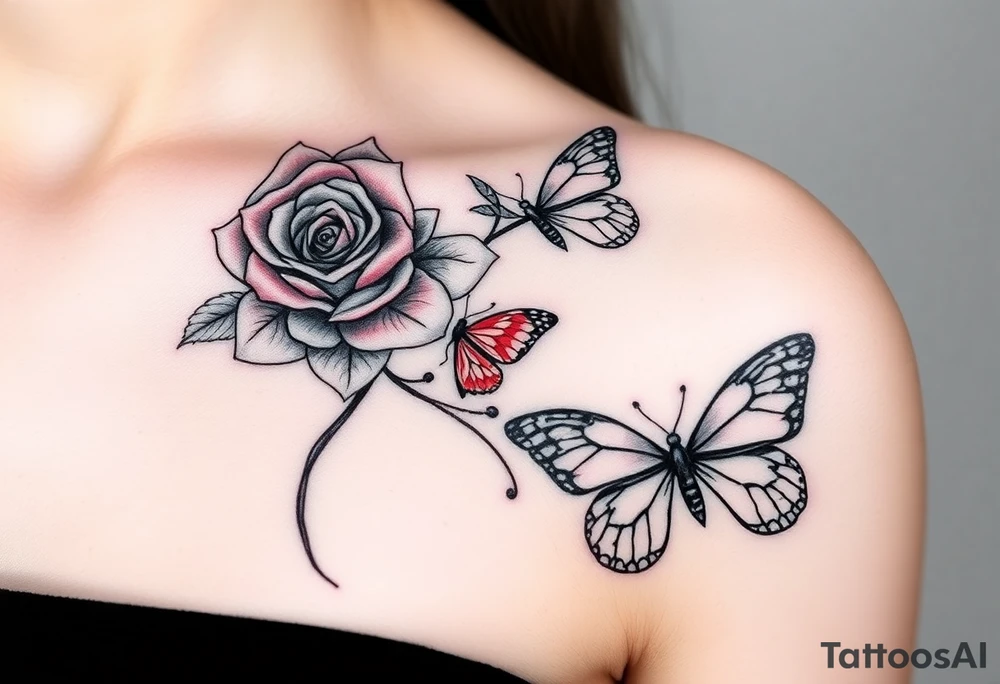 Rose and daffodil with 2 red butterflies one larger than other female tattoo on shoulder/chest tattoo idea