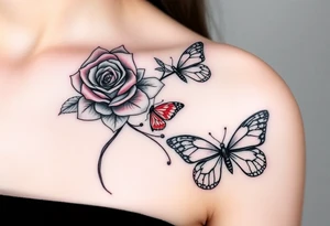 Rose and daffodil with 2 red butterflies one larger than other female tattoo on shoulder/chest tattoo idea