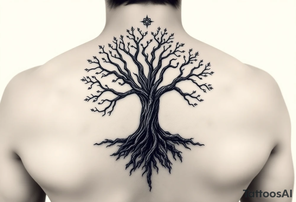 mystical tree of life with cosmic roots and celestial branches tattoo idea
