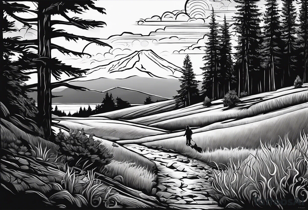 A shadow of a family of four walking through the Pacific northwest landscape. Father, Wife, Son, daughter.
 Faith centered and add Mexican culture .  Add border with importance of faith tattoo idea