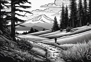 A shadow of a family of four walking through the Pacific northwest landscape. Father, Wife, Son, daughter.
 Faith centered and add Mexican culture .  Add border with importance of faith tattoo idea