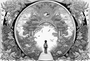 a small boy entering a portal to a fantasy world filled with nature tattoo idea