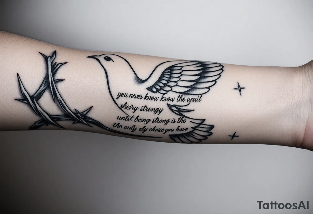 on the entire front arm the whole one its a black person skin and on the wrist is thorns on front of that is a dove and middle theres words that say you never know how strong you are until being strong is the only choice you have with prayer beads around all the words while also having a unique cross on the side of the dove near the area and and above the words theres also a bigger dove and i want a unwiue cross on the side of that too the diver is below the elbow also i want barbed wite wings on the doves and in the body of the dove by the wrist a small number 7 and on the body of the bigger dove i want it to say 1984 also do some nice shading around whats not filled kinda dark but like like super heavenly realistic clouds kinda super realistic and stuff this is all on the whole feont arm covering it tattoo idea