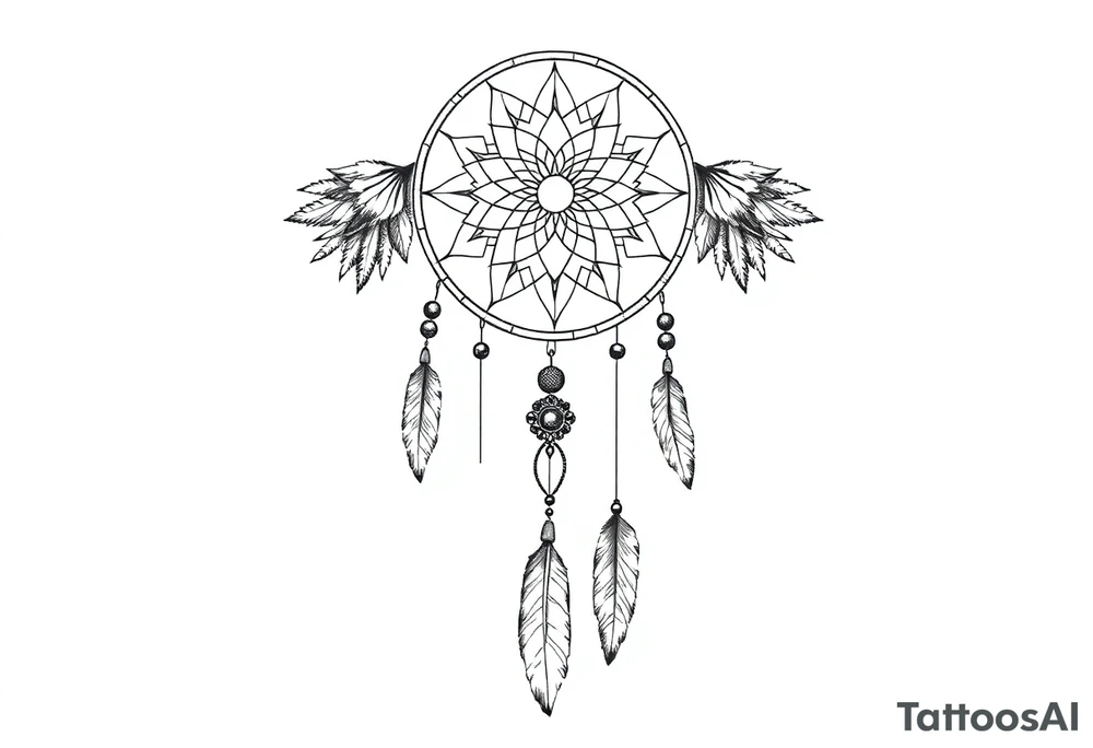 native dreamcatcher with flowing feathers and sacred beads tattoo idea