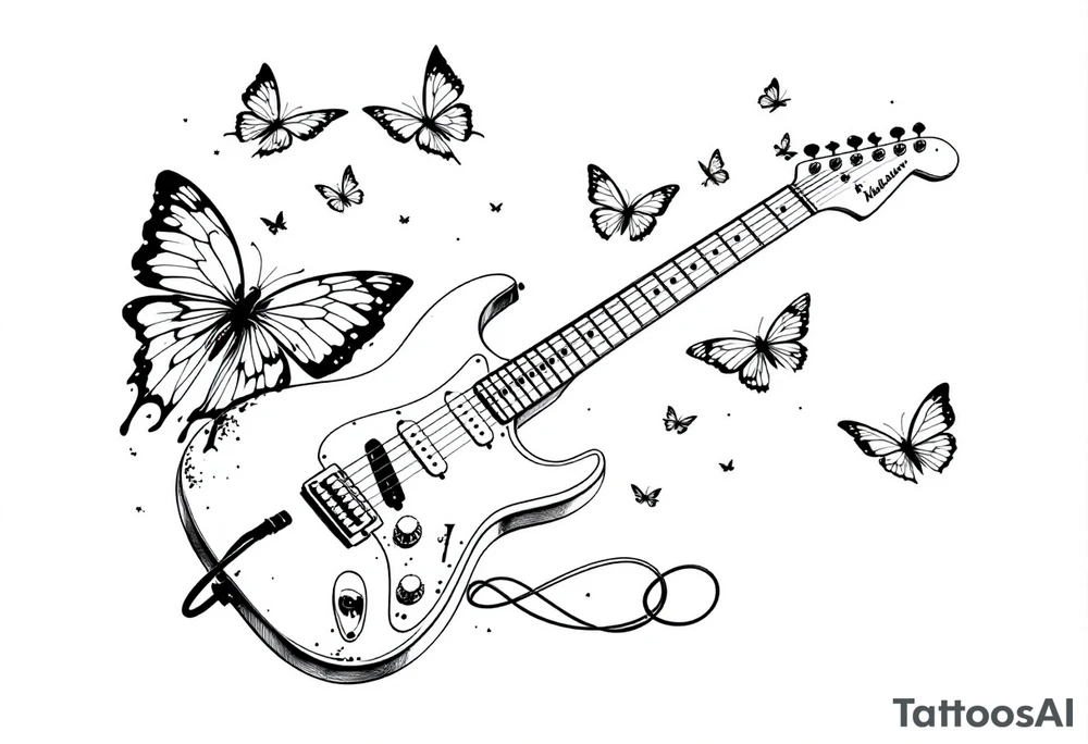 An electric guitar plugged into an amp with butterflies flying around it in memory of tattoo tattoo idea