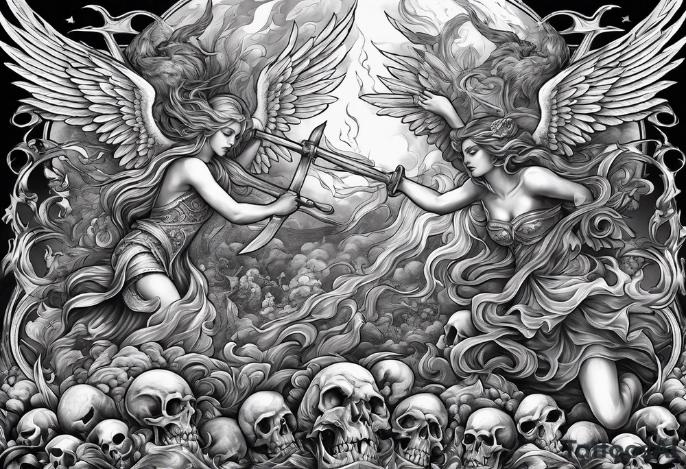 Angels fighting demons over fire with skulls in the background tattoo idea