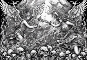 Angels fighting demons over fire with skulls in the background tattoo idea