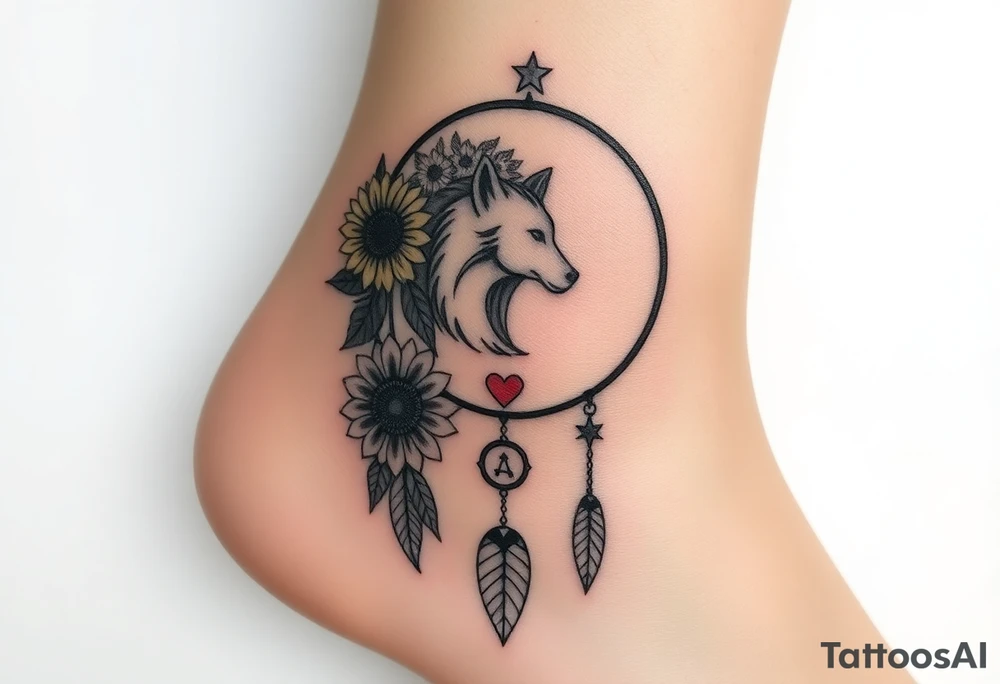 A Cresent moon dream catcher with sunflower, wolf, Harry potter, star wars, unicorn, fire heart all in one tattoo idea