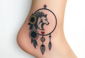 A Cresent moon dream catcher with sunflower, wolf, Harry potter, star wars, unicorn, fire heart all in one tattoo idea