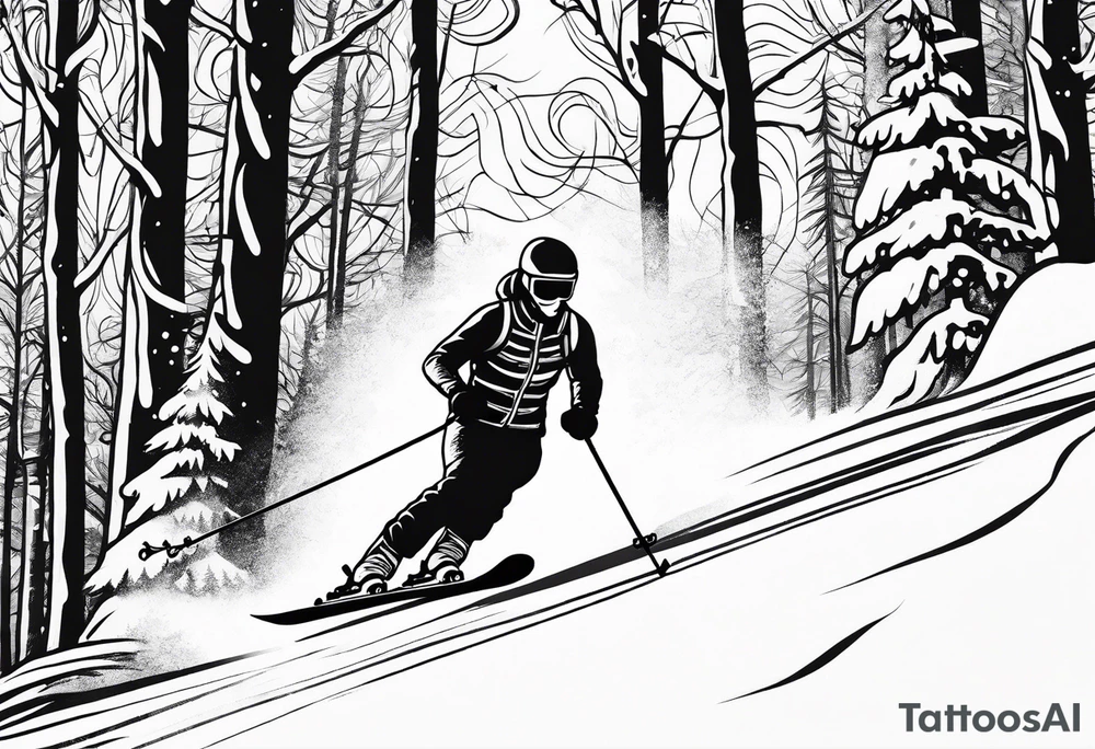 simple drawing of a 
tattoo of a snow skier skiing through trees showing ski trail tattoo idea