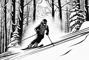 simple drawing of a 
tattoo of a snow skier skiing through trees showing ski trail tattoo idea