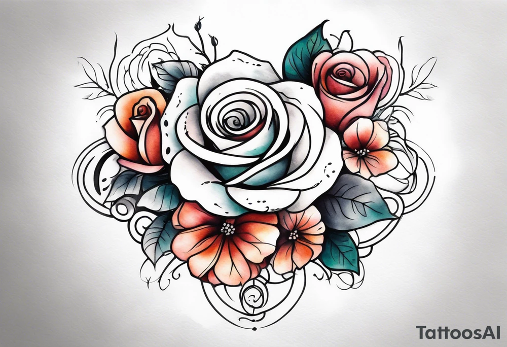 front knee tattoo with flowers & roses, swirls & water washes, background washes tattoo idea