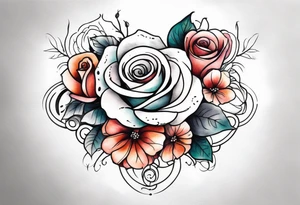 front knee tattoo with flowers & roses, swirls & water washes, background washes tattoo idea