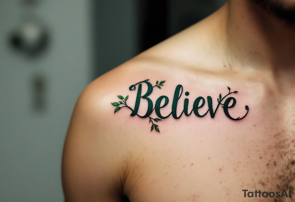"Believe" in dark green with vines wrapping around the letters, representing nature's resilience and growth. tattoo idea
