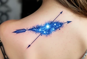 A Sagittarius bow and arrow with the constellation embedded in glowing white ink across the shaft, surrounded by midnight blue. tattoo idea