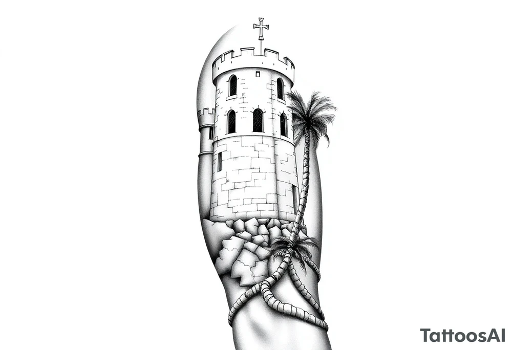 Saint Barbara, castle tower with three windows, palm tree tattoo idea