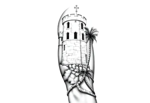 Saint Barbara, castle tower with three windows, palm tree tattoo idea