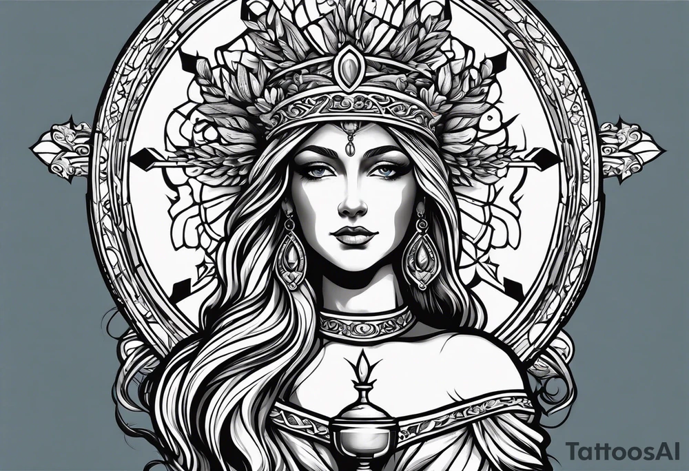 holy saint woman with halo holding a chalice tattoo idea