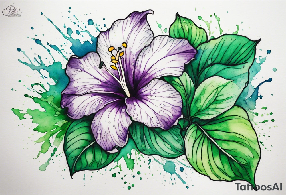 An outline of an only green rio dipladenia flower and a green and purple watercolor splash in the background tattoo idea