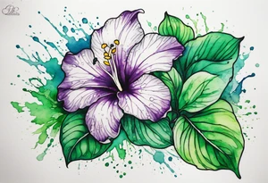 An outline of an only green rio dipladenia flower and a green and purple watercolor splash in the background tattoo idea