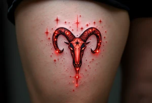 A stylized Aries star constellation is inked in electric red with small fire-like sparks around each star with Aries zodiac sign. tattoo idea