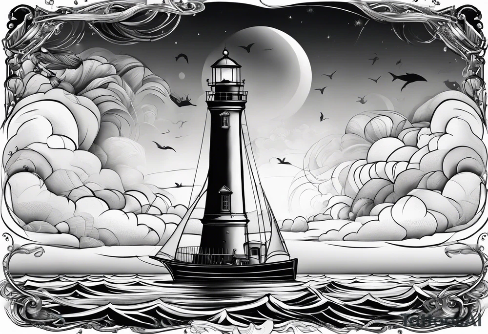 voilier avec phare marin imbriqué dans une voile. tattoo idea