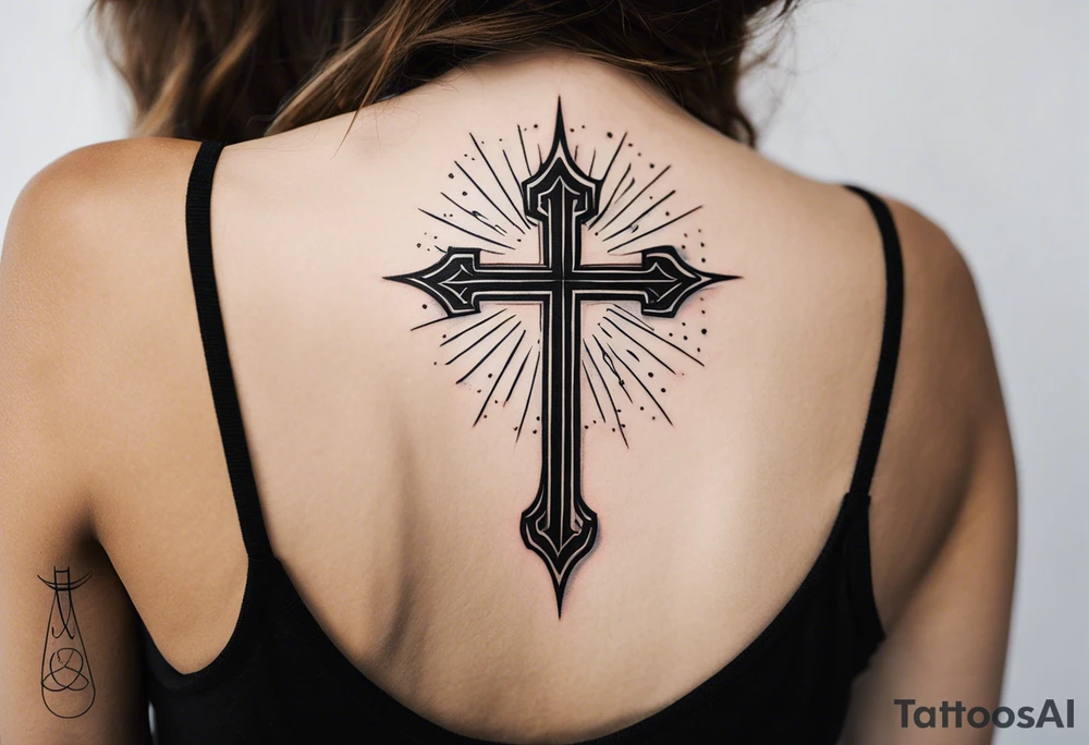 Tattoo: A refined cross with a soft halo on top of it, symbolizing light and spirituality. Delicate rays extend outward from the halo, adding a subtle glow and depth. The cross itself is simple and elegant, with potential for small, intricate line details within the design. tattoo idea