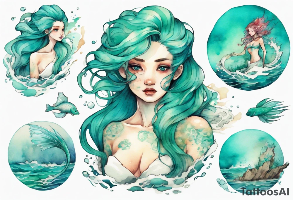 a mermaid emerging from the sea, turquoise hair, wearing a white robe, tattoo idea