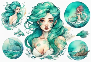 a mermaid emerging from the sea, turquoise hair, wearing a white robe, tattoo idea