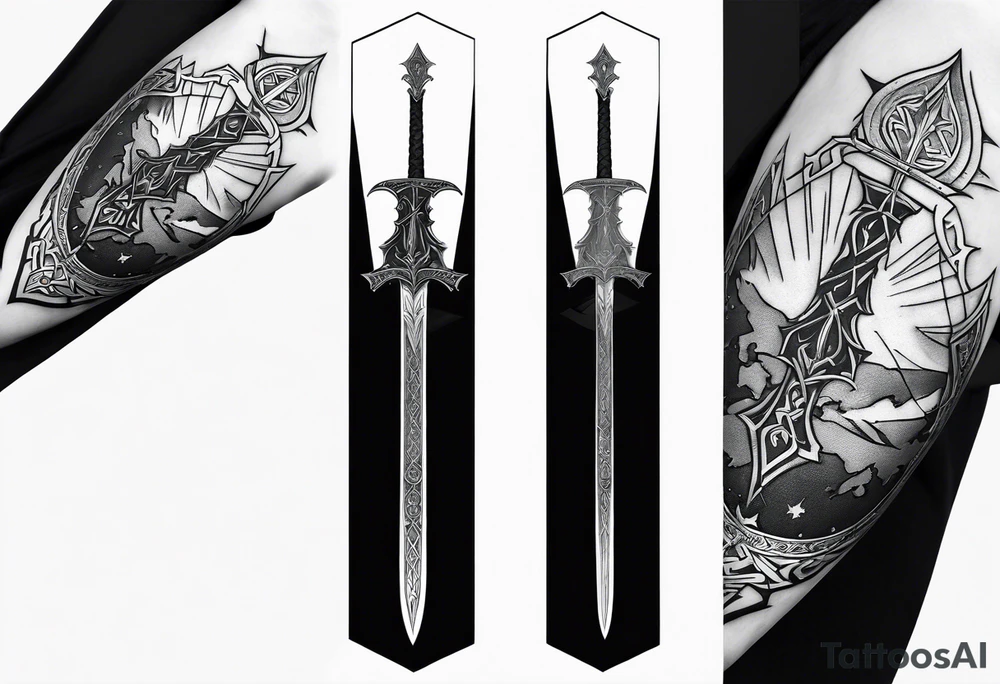 sword of arundil from lord of the rings, with the map of middle earth behind it. Placement side of my left calf. tattoo idea