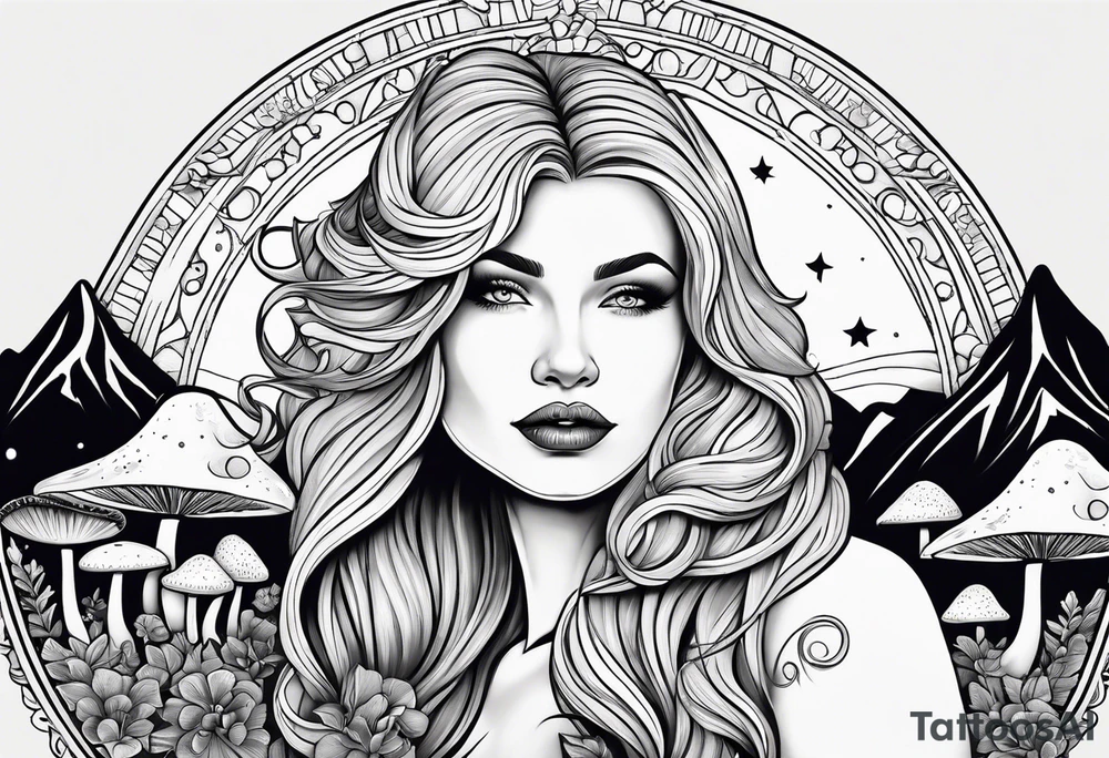 Fat older blonde natural woman long hair small lips surrounded by mushrooms crescent moon mountains background "GRACEFUL" tattoo idea