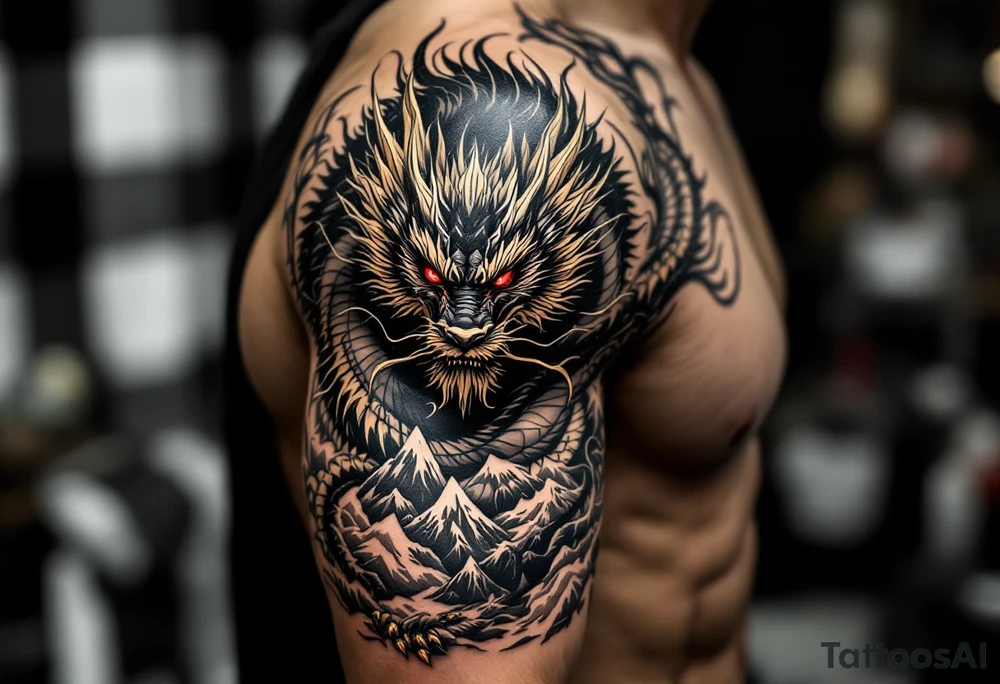 A black ink dragon with red eyes and golden claws, coiled around a mountain peak, representing power and wisdom. tattoo idea