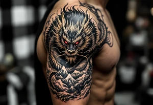 A black ink dragon with red eyes and golden claws, coiled around a mountain peak, representing power and wisdom. tattoo idea