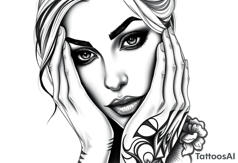 Women holding her face tattoo tattoo idea