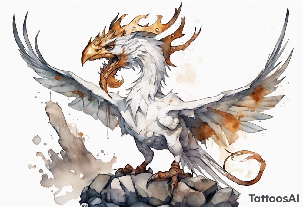 a white bird-wyvern hybrid, wearing a rusted iron crown, perched on a stone tattoo idea