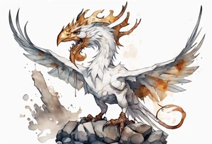 a white bird-wyvern hybrid, wearing a rusted iron crown, perched on a stone tattoo idea