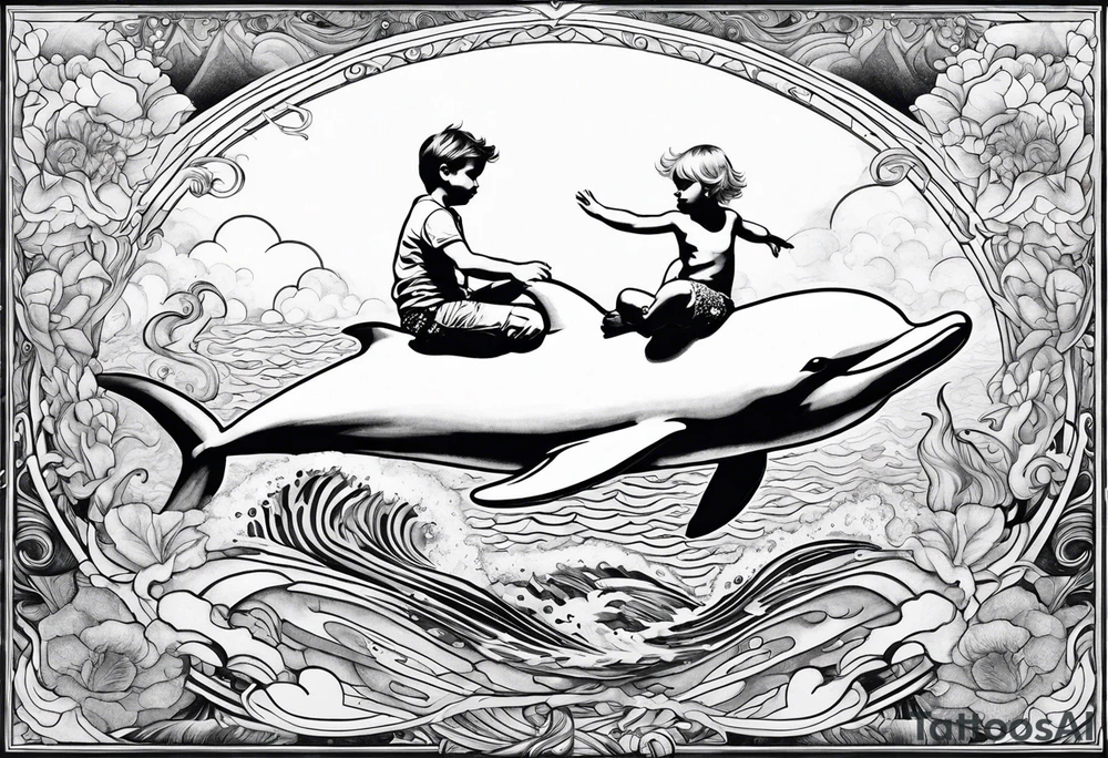 Young boy riding a dolphin in ocean with blond mermaid tattoo idea
