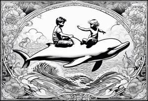 Young boy riding a dolphin in ocean with blond mermaid tattoo idea