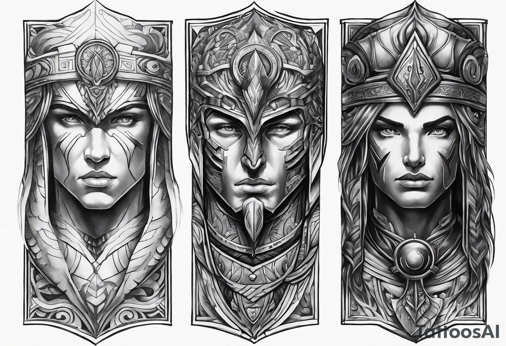 Chronos and Kairos represented as warriors arm sleeve tattoo idea