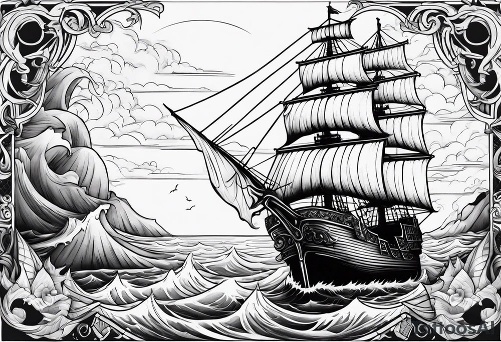 Satan on a pirate ship sailing a sea of souls tattoo idea