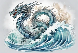 a transparent ghost dragon rising from the waves of the sea tattoo idea