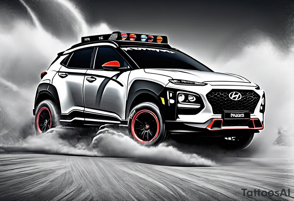 hyundai kona rally muscle car with lightning bolts with a tubocharger in the hood tattoo idea