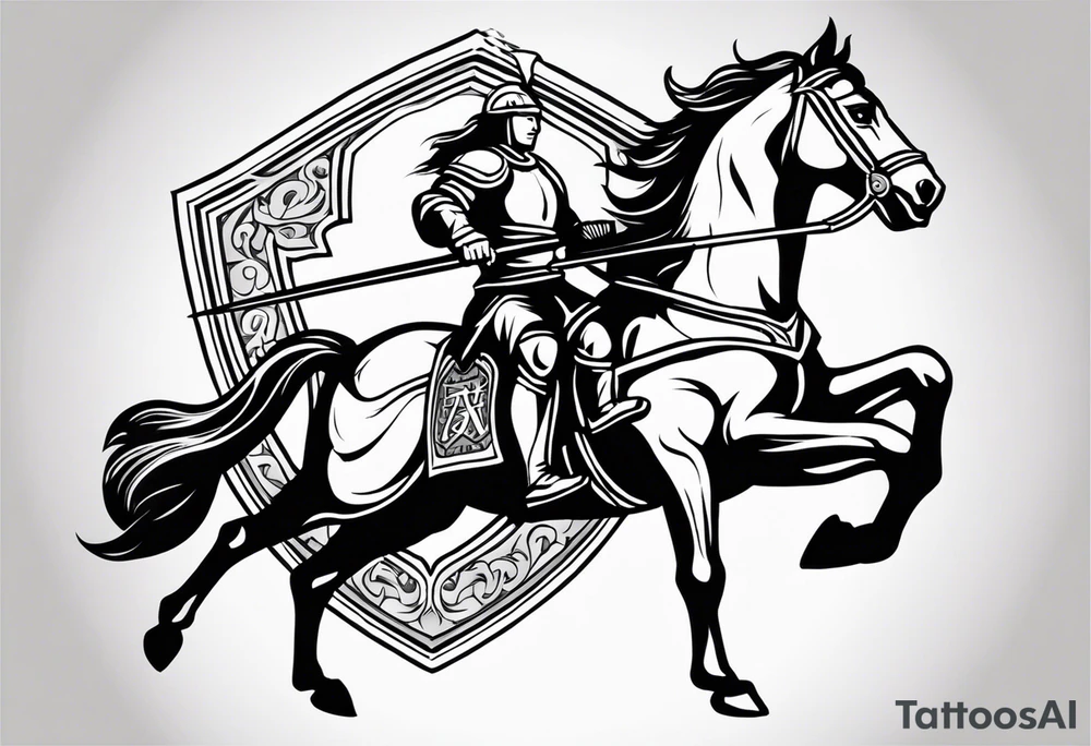 warrior on a horse with a shield and a sword. On his shield I want the word "Love" written tattoo idea
