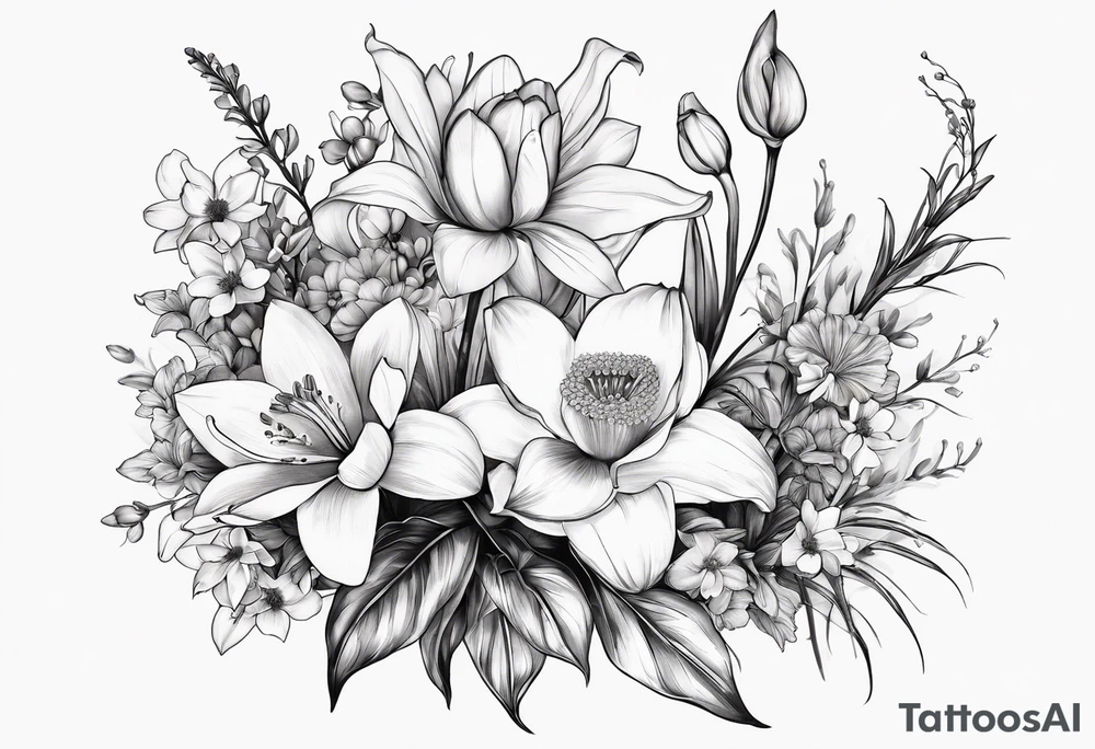 A bouquet of flowers with a water lily, gladiolus, poppy, lily of the valley, daffodil, and a honey suckle with long stems tattoo idea