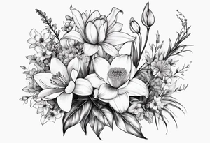 A bouquet of flowers with a water lily, gladiolus, poppy, lily of the valley, daffodil, and a honey suckle with long stems tattoo idea