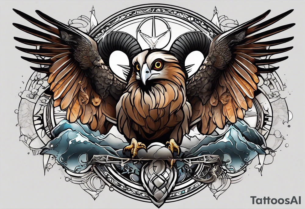 A tattoo with three animals 
a Aries Ram, A Peregrine Falcon and a Rat. in astrological design tattoo idea