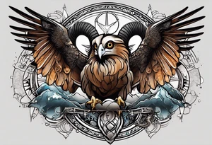 A tattoo with three animals 
a Aries Ram, A Peregrine Falcon and a Rat. in astrological design tattoo idea