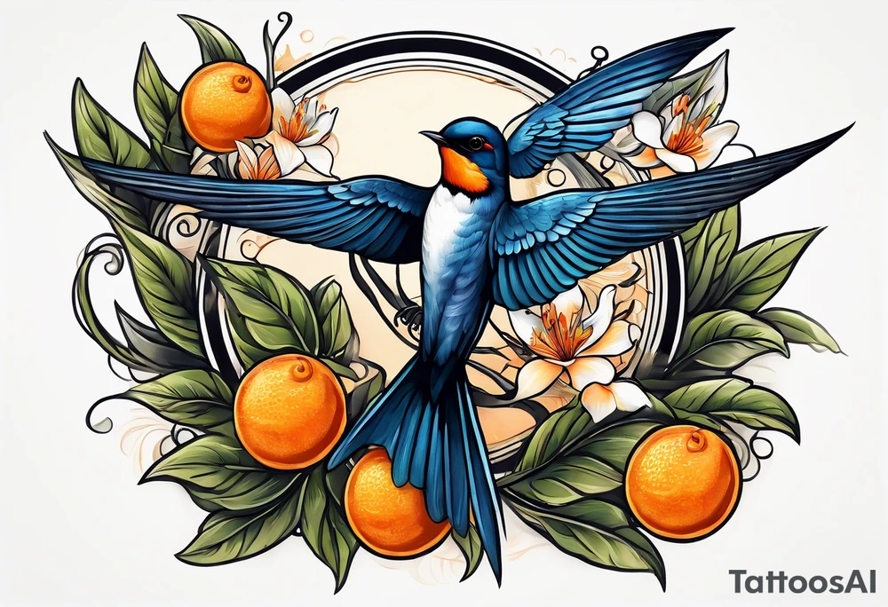 swallow holding an orange blossom tattoo idea